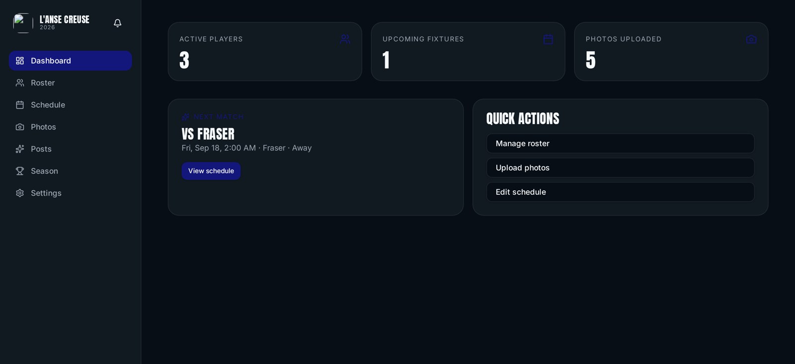 The AutoXI dashboard showing team stats, the next match, and quick actions