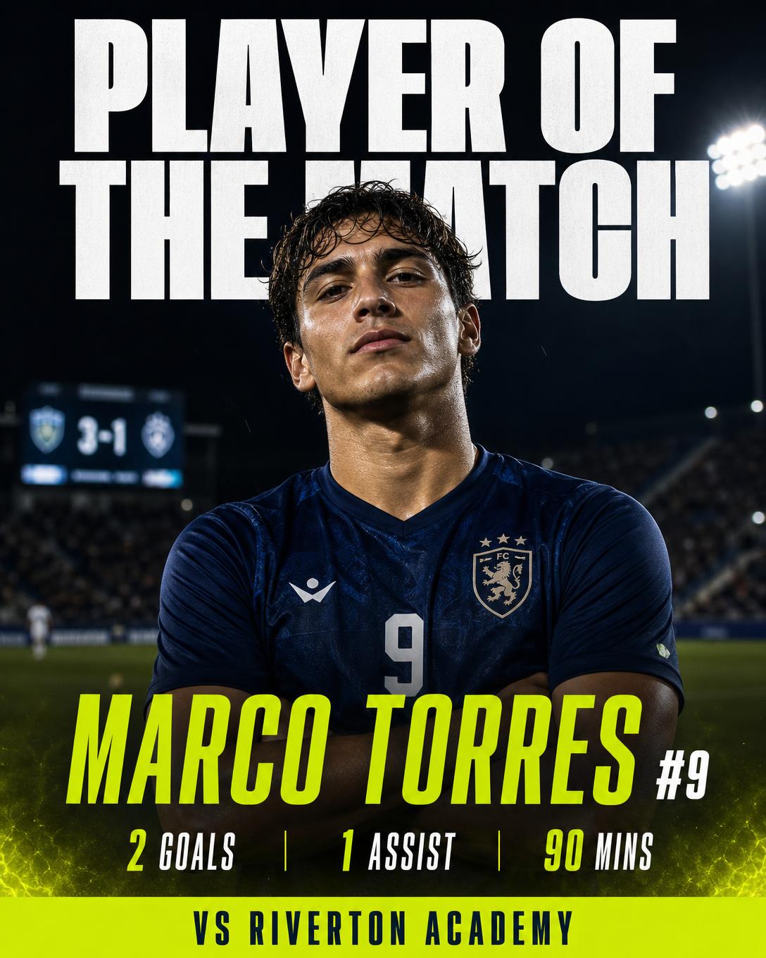 AutoXI player of the match Instagram post showing the player's goals and assists